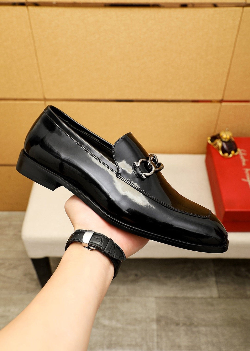 Ferragamo Black Metal-Accent Loafers - Rounded Toe